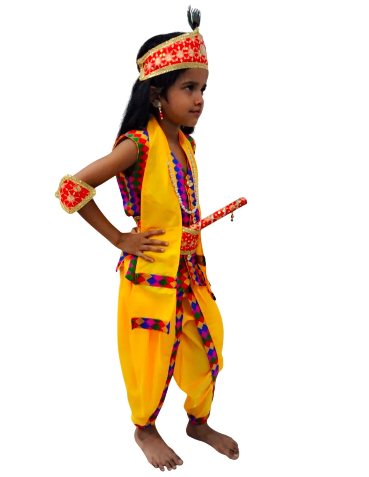 BookMyostume Shri Krishna Multicolor Kids Fancy Dress Costume 9 Pcs Set with Red Accessories & Wig - Premium - Image 3
