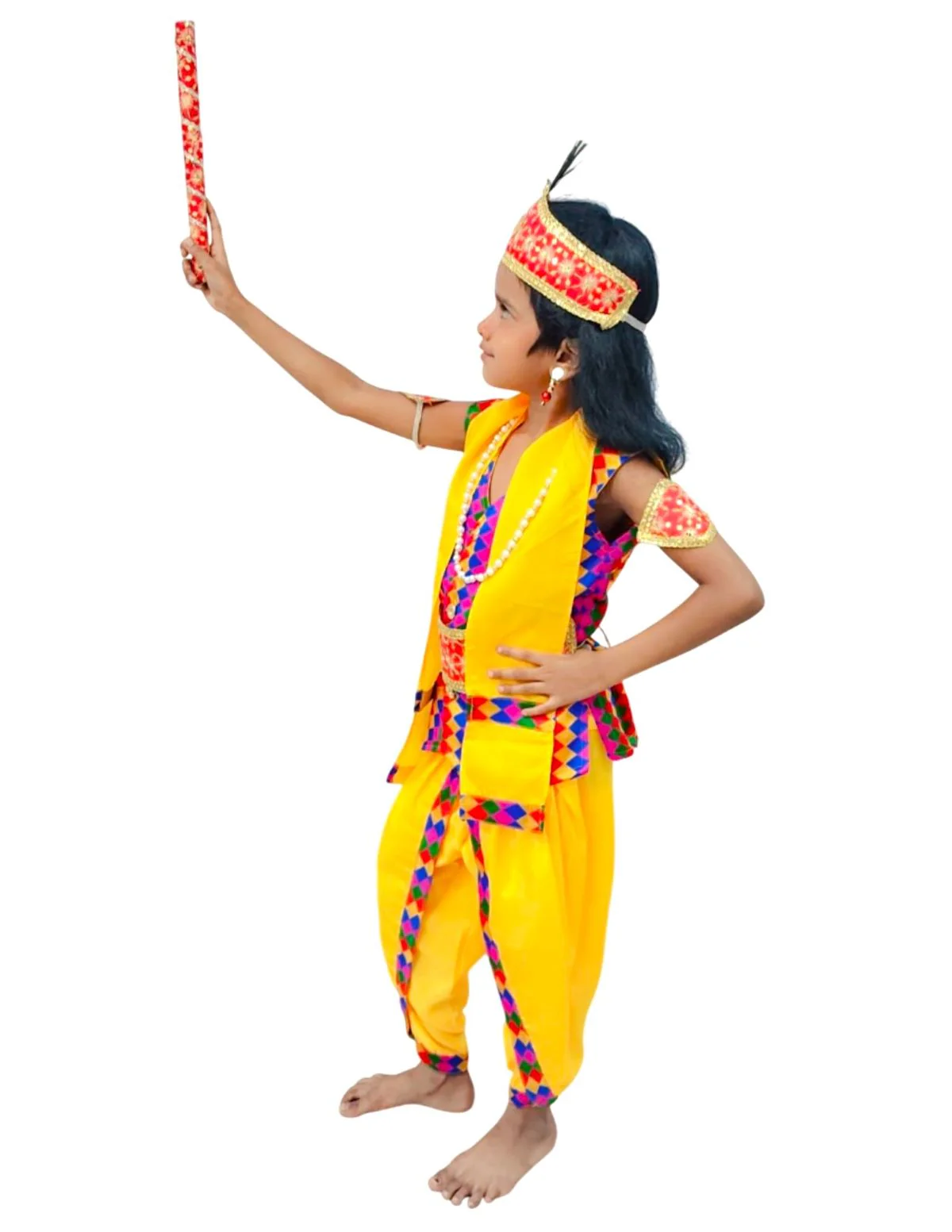 BookMyostume Shri Krishna Multicolor Kids Fancy Dress Costume 9 Pcs Set with Red Accessories & Wig - Premium - Image 5