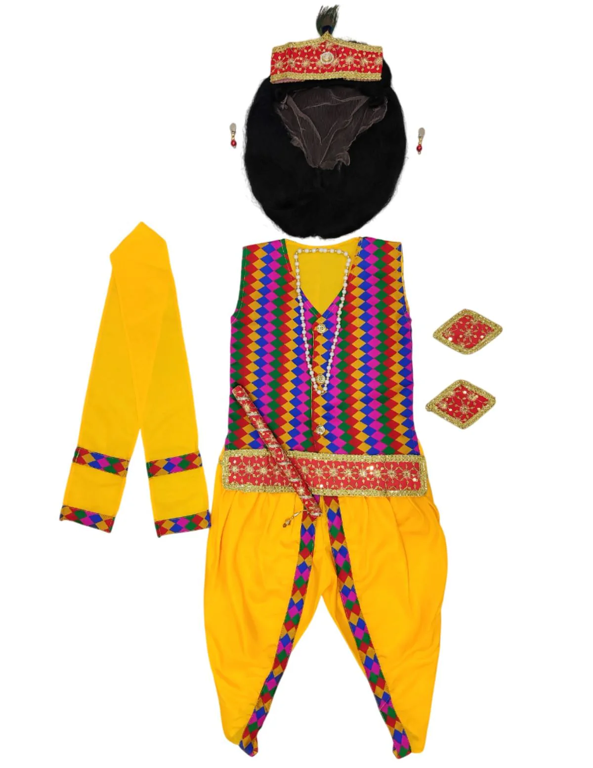 BookMyostume Shri Krishna Multicolor Kids Fancy Dress Costume 9 Pcs Set with Red Accessories & Wig - Premium - Image 6