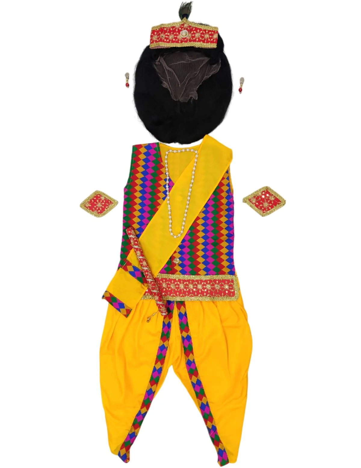 BookMyostume Shri Krishna Multicolor Kids Fancy Dress Costume 9 Pcs Set with Red Accessories & Wig - Premium - Image 7
