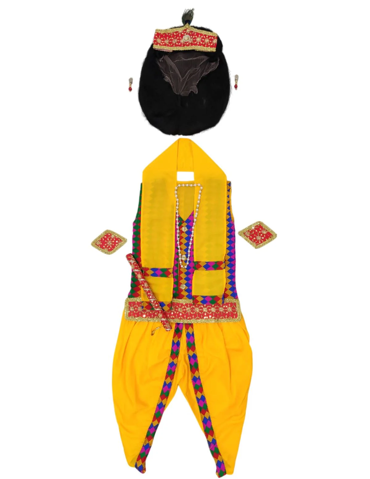 BookMyostume Shri Krishna Multicolor Kids Fancy Dress Costume 9 Pcs Set with Red Accessories & Wig - Premium - Image 8