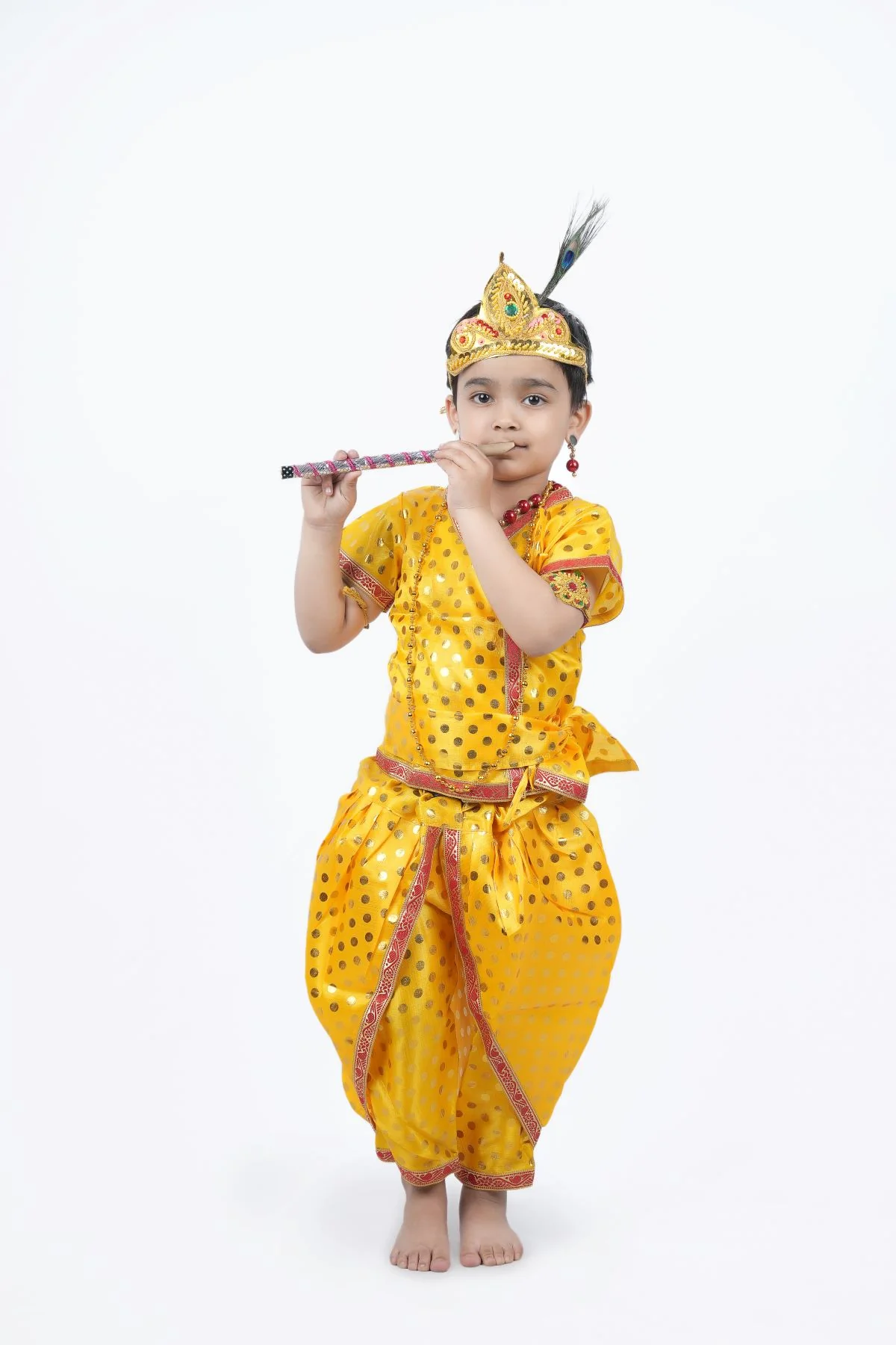 Shri Krishna Kanha Kanhaiya Polka Dots Kids & Adult Fancy Dress Costume 10 Pcs Set with Accessories - Image 5