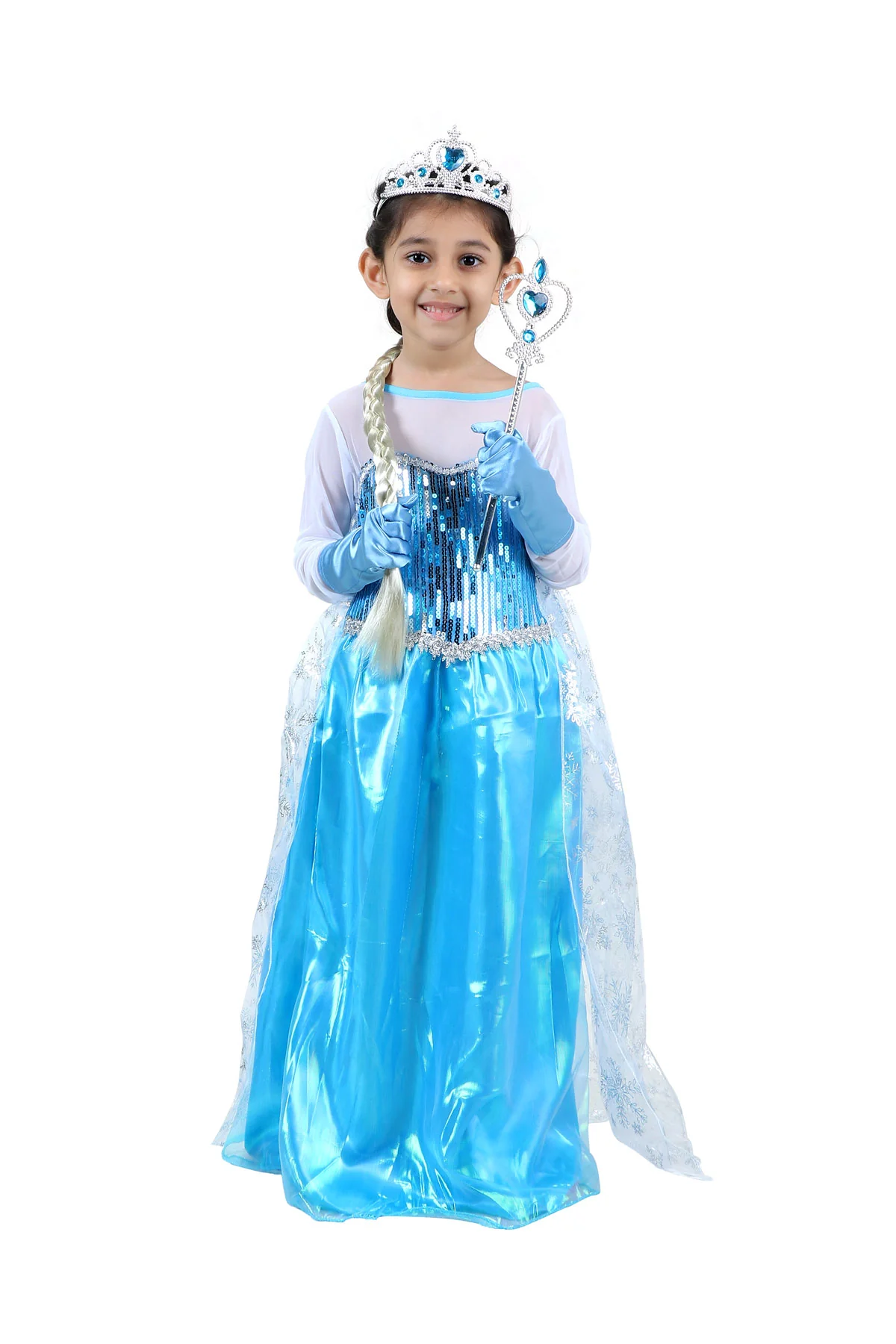 Snow Queen with Gloves Wand Crown and Wig Accessories Frozen Fairy Tale Kids Fancy Dress Costume | Imported
