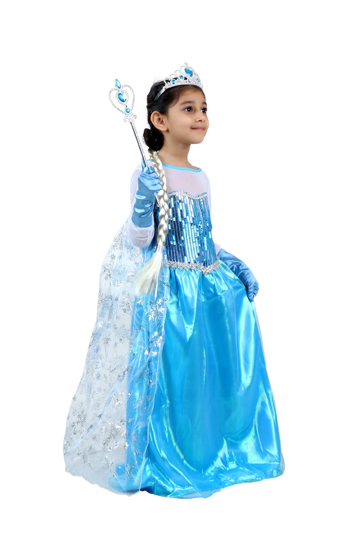 Snow Queen with Gloves Wand Crown and Wig Accessories Frozen Fairy Tale Kids Fancy Dress Costume | Imported - Image 2