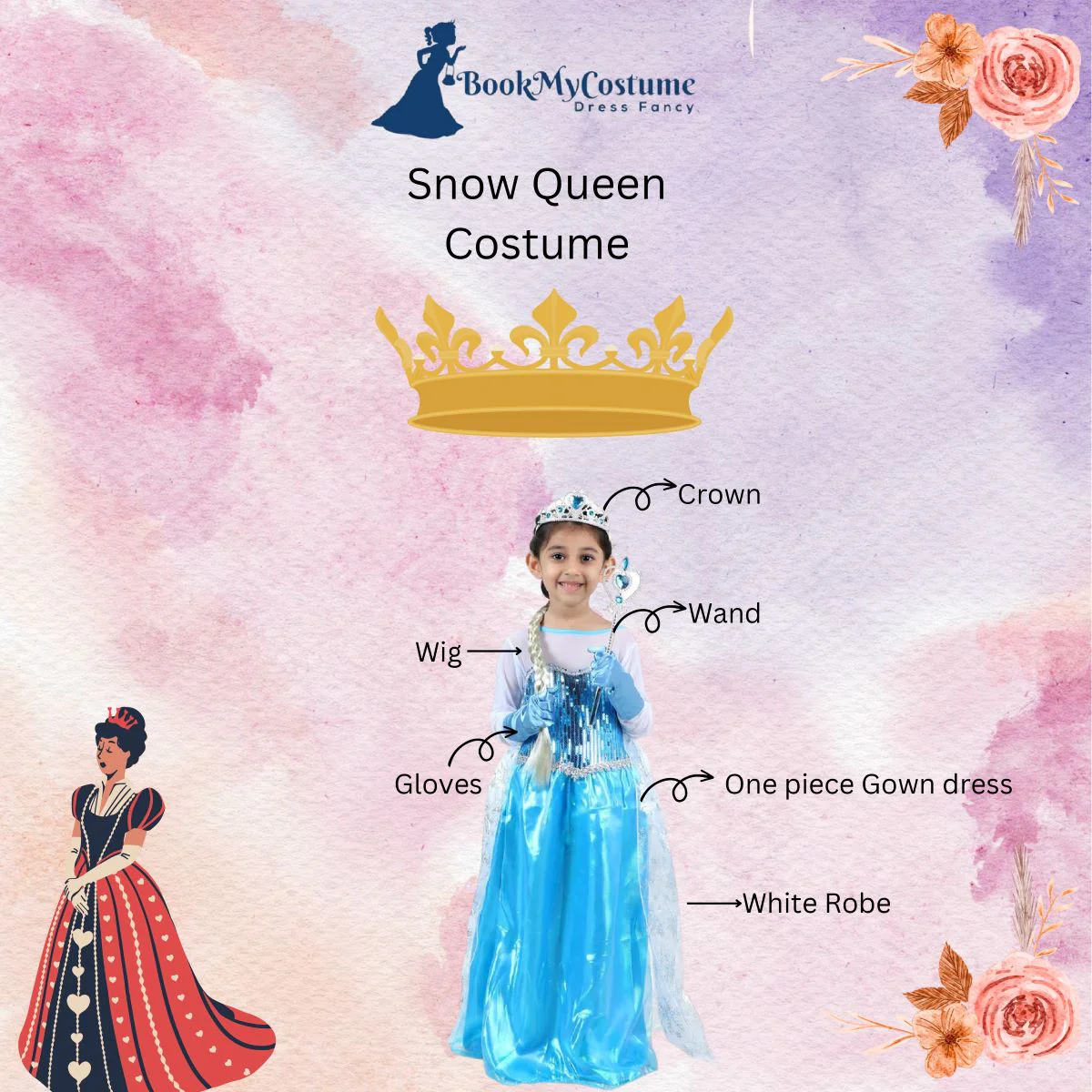 Snow Queen with Gloves Wand Crown and Wig Accessories Frozen Fairy Tale Kids Fancy Dress Costume | Imported - Image 3