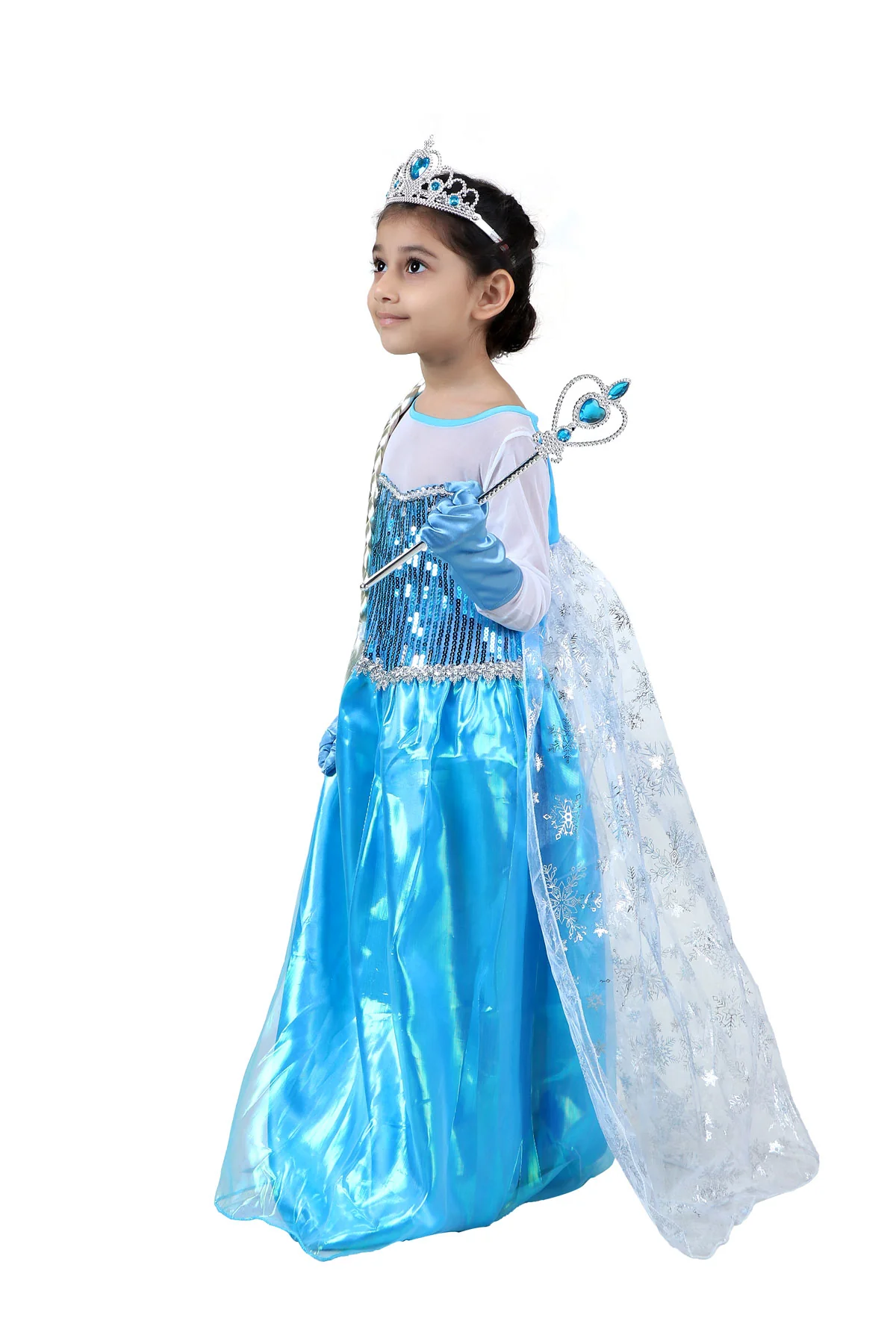 Snow Queen with Gloves Wand Crown and Wig Accessories Frozen Fairy Tale Kids Fancy Dress Costume | Imported - Image 5