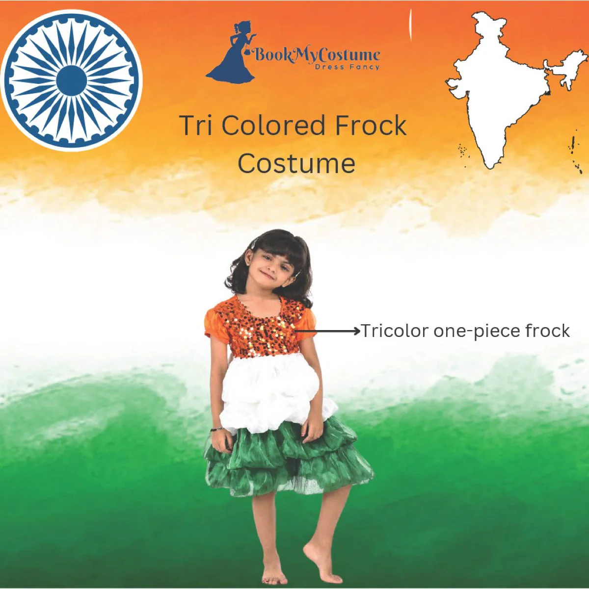 Tri Colored Frock Independence Day for Girl Kids Fancy Dress Costume - Image 5