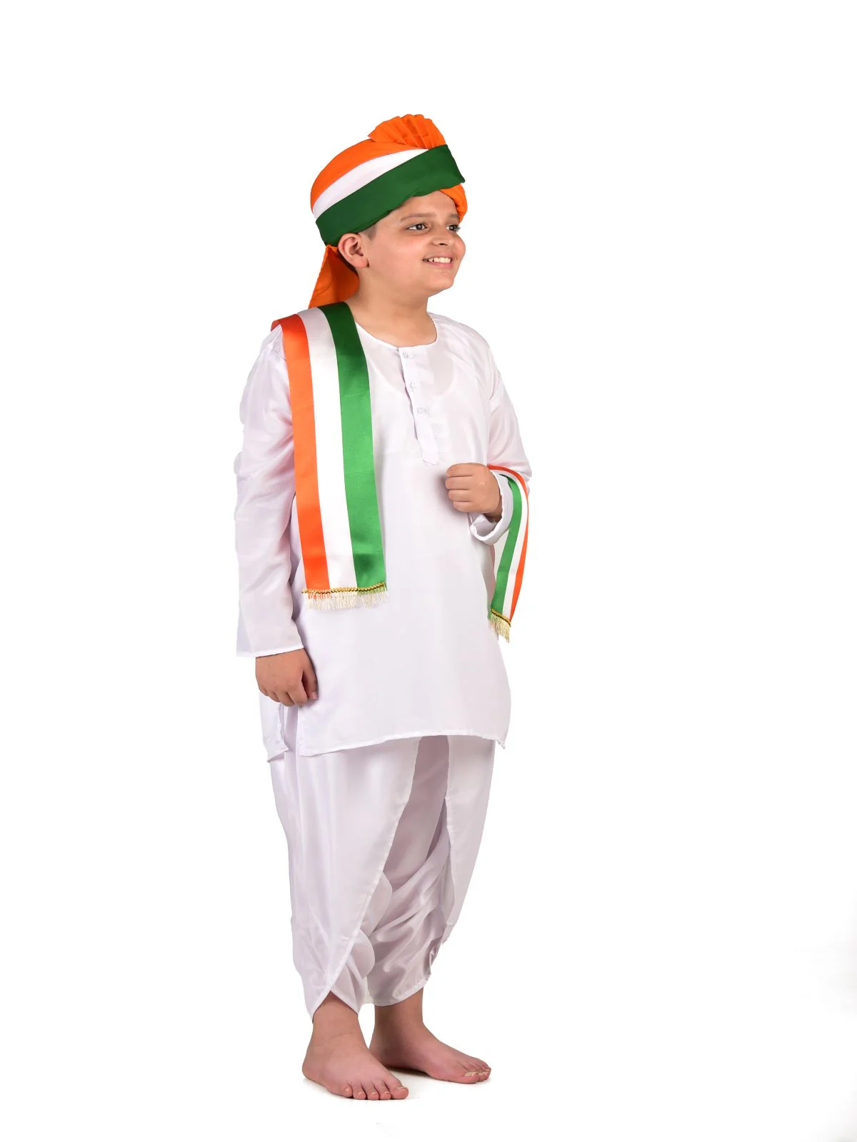 Tricolor Turban and Stole with Dhoti Kurta Indian Patriotic Independence Day Kids Fancy Dress Costume - Image 2