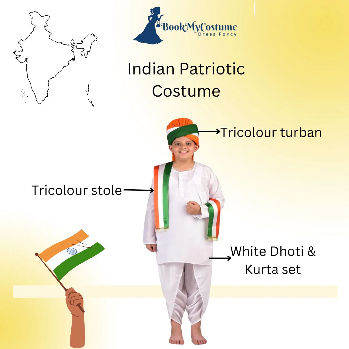 Tricolor Turban and Stole with Dhoti Kurta Indian Patriotic Independence Day Kids Fancy Dress Costume - Image 3