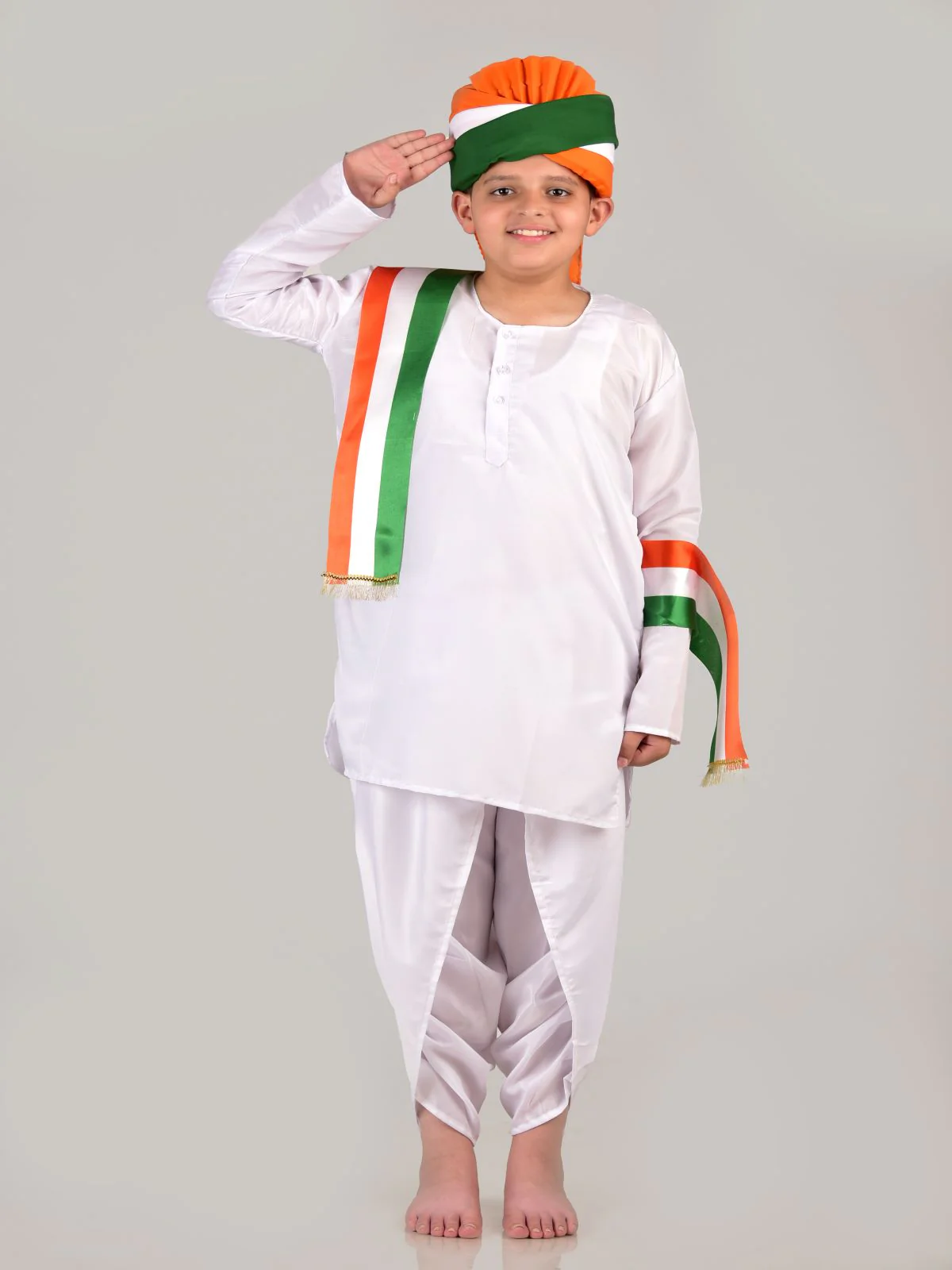 Tricolor Turban and Stole with Dhoti Kurta Indian Patriotic Independence Day Kids Fancy Dress Costume - Image 6