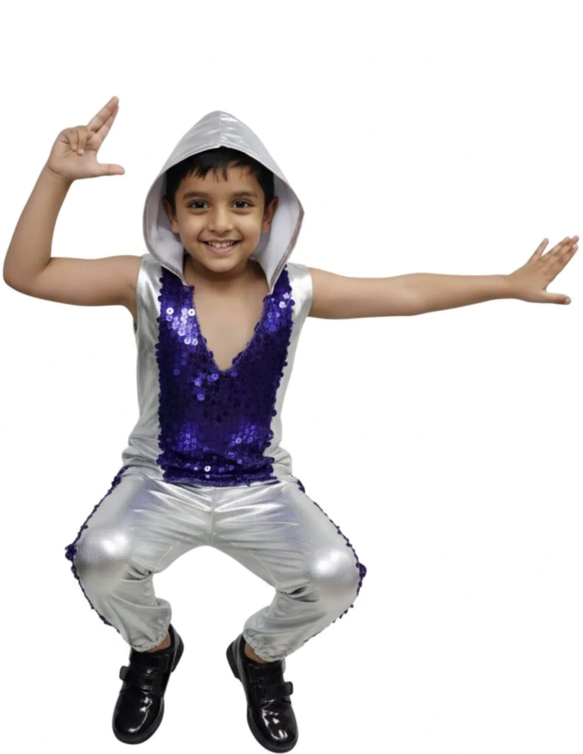 Western Dance Costume for Boys - Purple & Silver - Tshirt with Trousers - Premium - Image 5
