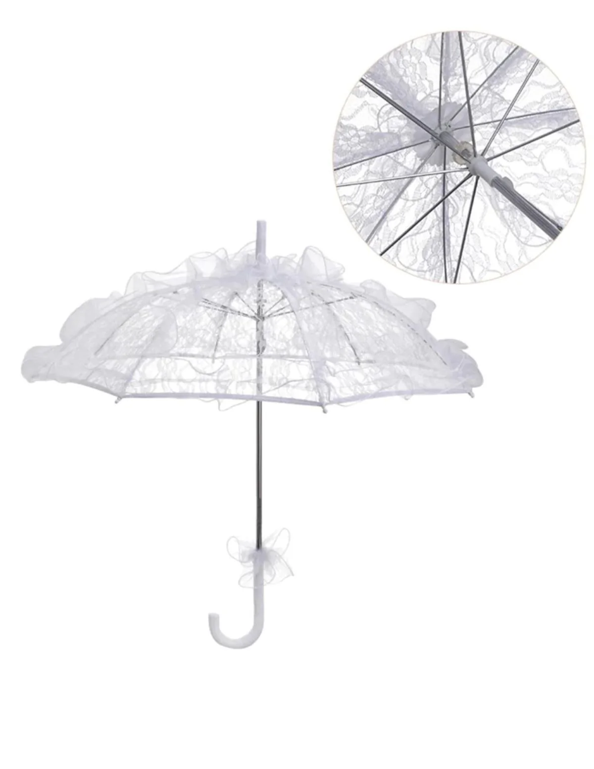 BookMyCostume White Net Lace Parasol Umbrella for Women – Bridal Wedding Entry Prop, Vintage Net Chhatri for Pre-Wedding Photoshoot, Engagement, Reception and Princess Theme Party Decoration | Adults - Image 3
